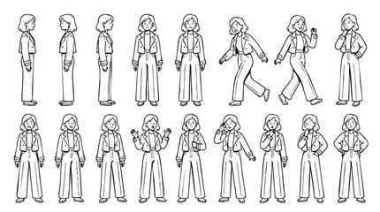 Obraz premium Woman Character Poses and Expressions Line Art Vector Set