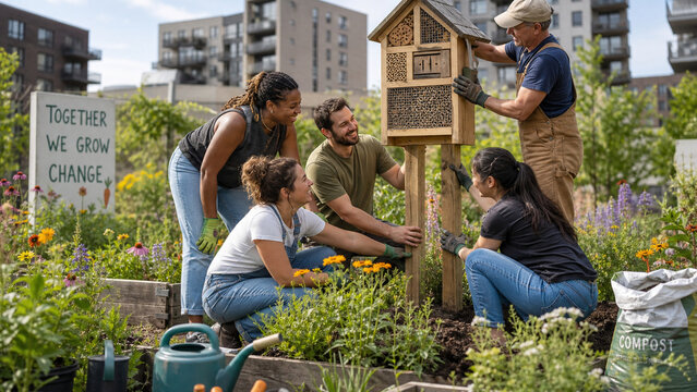 A group of volunteers works together installing a wooden insect hotel in a lush urban community garden with flowers and raised beds.