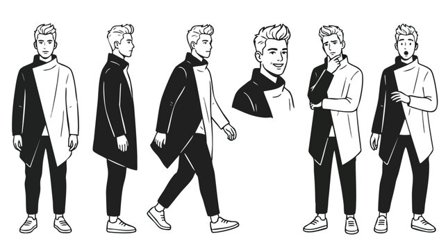 Male character design sheet in various poses and expressions