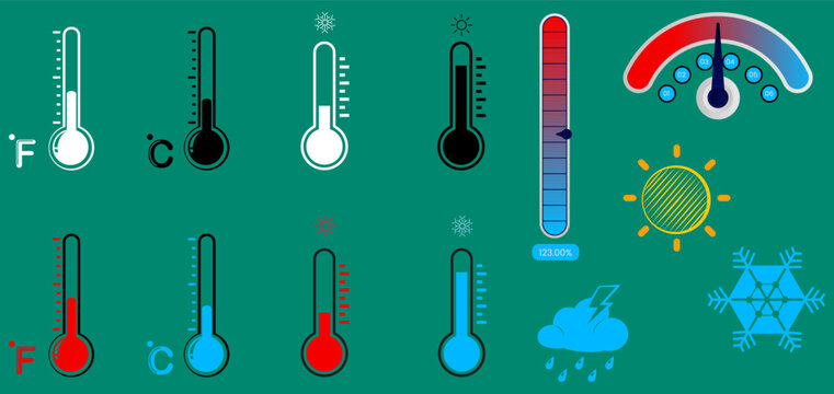 Weather Thermometer Icon Set Temperature Gauge and Climate Symbols