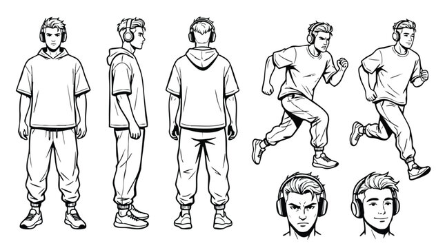 Male Character Design Reference Sheet in Sportswear and Headphones