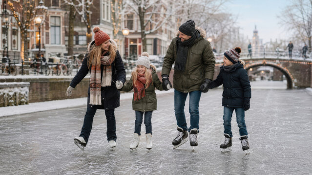 Familie l&auml;uft gemeinsam Schlittschuh auf einer winterlichen Gracht in den Niederlanden vor festlich beleuchteten H&auml;usern