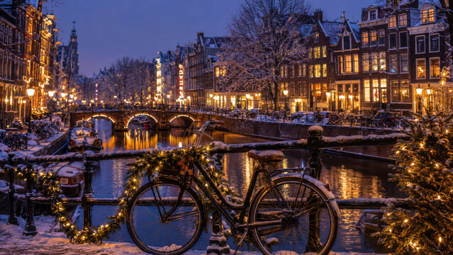 Festlich beleuchtete Gracht in den Niederlanden mit Fahrrad, Schnee und warmen Weihnachtslichtern in der Abendd&auml;mmerung