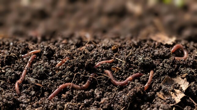 Earthworms crawling through rich soil, essential for composting, gardening, and agricultural practices promoting natural soil health.