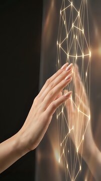 Female hand with manicured nails touching glowing geometric light network, representing digital connection, technology innovation, and futuristic interaction for web design and tech concepts.