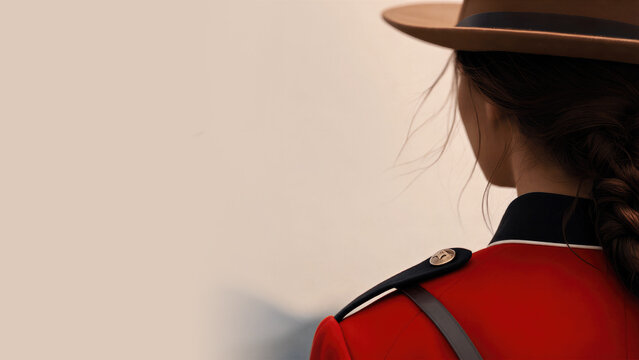 Woman RCMP officer wearing felt hat and red uniform tunic. Canadian police constable representing heritage during Canada Day. Professional law enforcement official at national celebration.