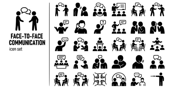Face-to-Face Communication Interaction Bold Line Icons-Talking Listening Discussion Presenting Debate Explaining Question Storytelling Whisper Coaching Facilitator-25 Communication Icon Set Vector