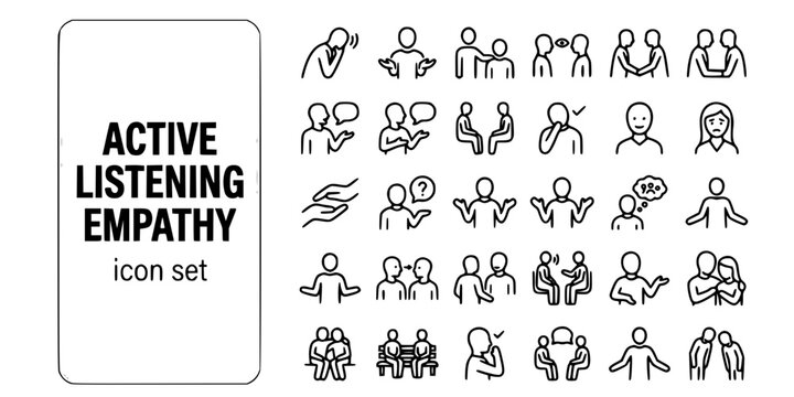 Active Listening Empathy Interaction Bold Line Icons-Attentive Forward Comforting Eye Contact Mirroring Reflecting Paraphrasing Silent Validating Supportive-25 Empathy Icon Set Vector