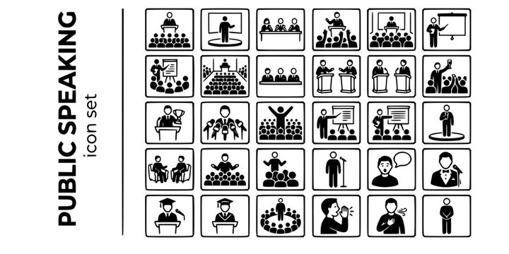Public Speaking Presentation Bold Line Icons-Podium TED Talk Panel Q&A Keynote Workshop Seminar Pitch Debate Toast Award Press Conference Motivational-25 Public Speaking Icon Set Vector