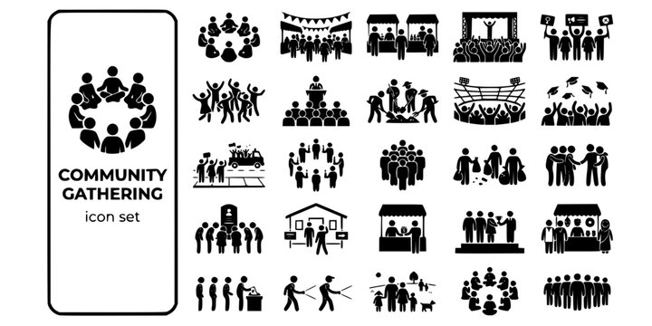 Community Gathering Event Interaction Bold Line Icons-Circle Gathering Street Party Concert Protest Festival Town Hall Volunteer Sports Graduation Vigil Flash Mob-25 Community Icon Set Vector