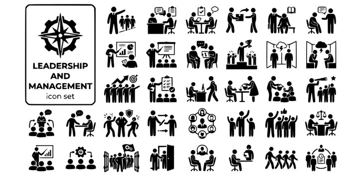 Leadership Management Interaction Bold Line Icons-Leader Guide Manager One-on-One Review Delegation Mentoring Coaching Briefing Feedback Recognition Strategy-25 Leadership Icon Set Vector