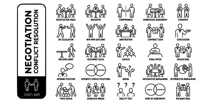 Negotiation Conflict Resolution Interaction Bold Line Icons-Table Mediator Compromise Handshake Standoff De-Escalation Win-Win Arbitration Contract Concession-25 Negotiation Icon Set Vector