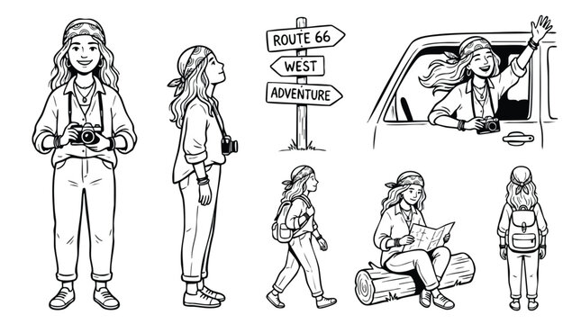 Woman Traveler Road Trip Adventure Character Pose Collection