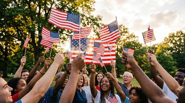 Diverse group of people holding american flags celebrating independence day outdoors