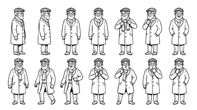 Elderly man character sheet with various poses and expressions