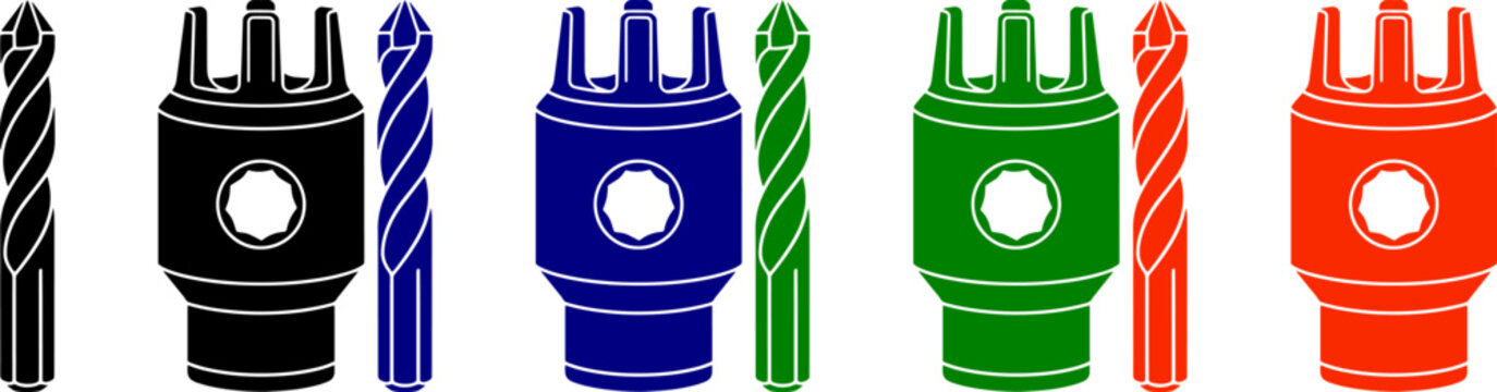 Drill bit and drill head set in black blue green and orange colors isolated on grey background