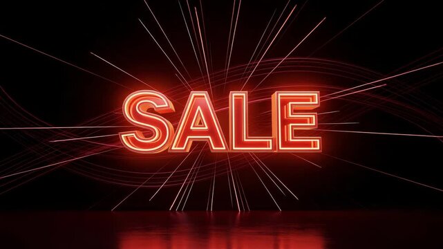 Bright glowing red sale text with dramatic light beams and dynamic motion effect creating vibrant commercial advertising background for discount promotion shopping event and retail marketing campaign