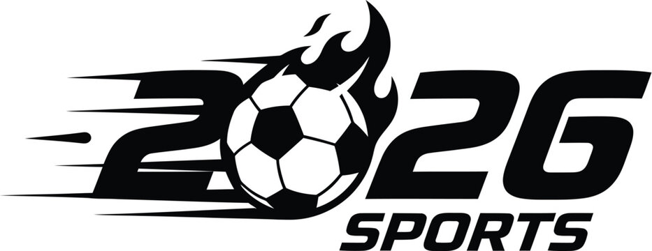 2026 sports logo with flaming soccer ball graphic football typography tournament championship competition athletic aggressive celebration upcoming isolated illustration creative training