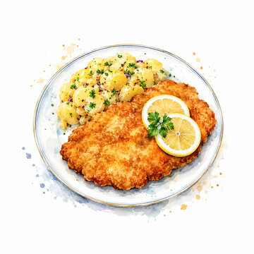 Watercolor schnitzel with potato salad, lemon slices, and parsley on a plate, ideal for German and Austrian restaurant menu designs.