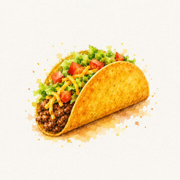 Watercolor taco with crispy shell, seasoned meat, lettuce, tomato, and cheese on a soft textured background, perfect for Mexican food designs.
