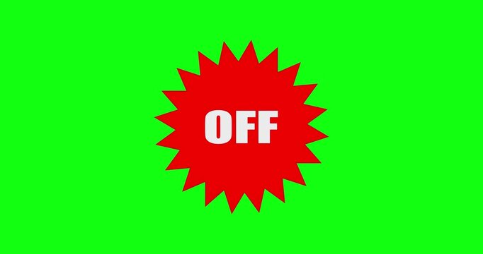 Animated red retail discount starburst badge with white OFF text isolated on a chroma key green screen background for promotional shopping videos.