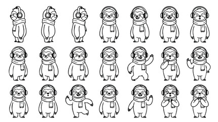 Obraz premium Cute Cartoon Sloths Wearing Headphones and Scarves Line Art Set