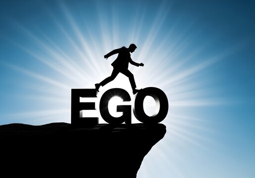 Silhouette of a man jumping over the word ego against a bright blue sky with sunburst