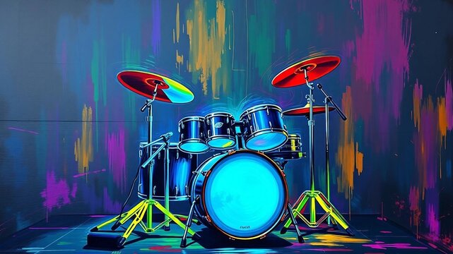 Neon drum kit illustration with colorful paint splashes on a dark stage background, perfect for music, concert, and rock design projects.