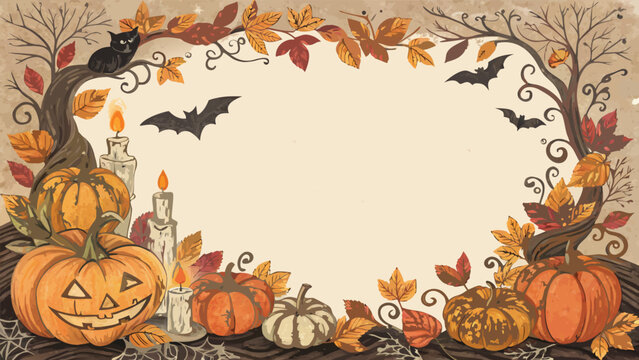 Halloween pumpkin border decorative frame with autumn leaves and bats halloween border bats fall decoration