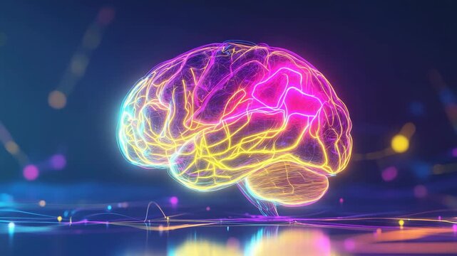 Futuristic glowing human brain with bright digital neural connections floating in dark space, artificial intelligence, neuroscience, machine learning innovation and advanced cognitive technology