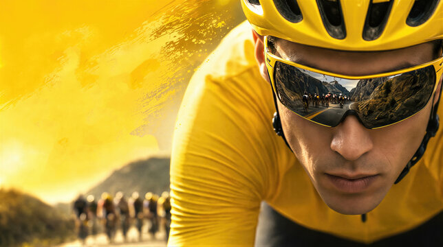 Cyclist wearing a yellow jersey and helmet competing in a professional road race. Intense look of a mountain bike athlete with race reflected in sunglasses. Championship sport concept.