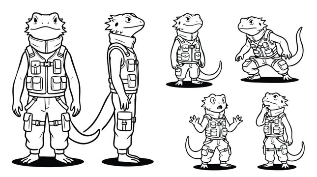 Anthropomorphic Bearded Dragon Character Design Sheet in Tactical Gear