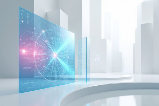 Minimalist futuristic showroom featuring glowing blue holographic display screens