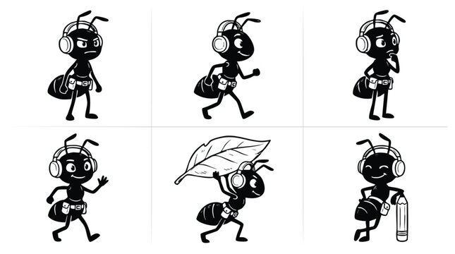 Cartoon Ant Character Set with Headphones in Various Poses