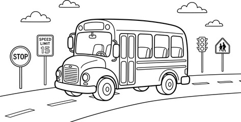 School bus driving on road with traffic signs outline coloring page © MDHABIBUL