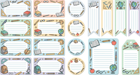 Fototapeta premium School supply frames and bookmarks with blank lined labels