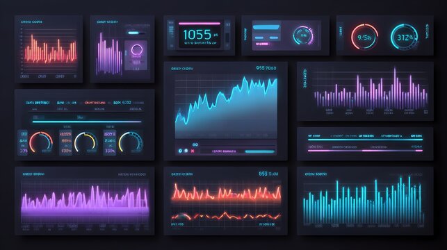Futuristic neon glowing data visualization dashboard with digital charts and graphs on dark background