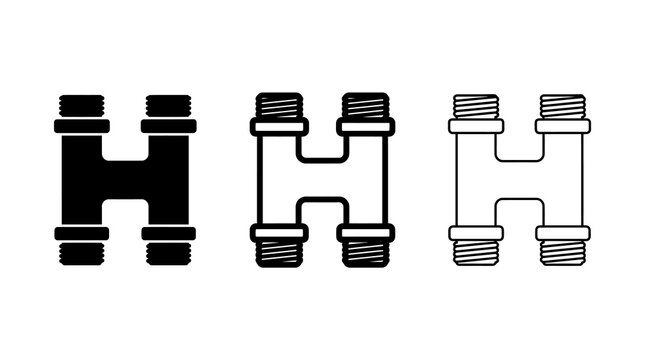 Pipe connector symbols: solid, outline, and linear styles for industrial design
