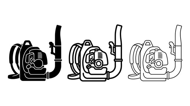 Leaf blower icons: silhouette and linear design for landscaping and gardening