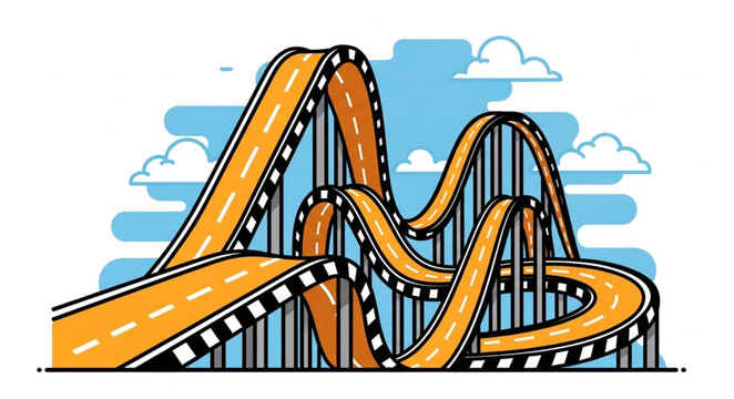 Roller coaster ride with twists and turns and blue sky.