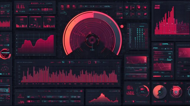 Intense red neon futuristic HUD dashboard with digital radar and data visualization charts on dark
