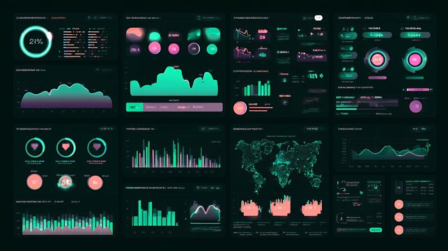 Advanced green and cyan glowing neon data dashboard with global map analytics and statistic charts