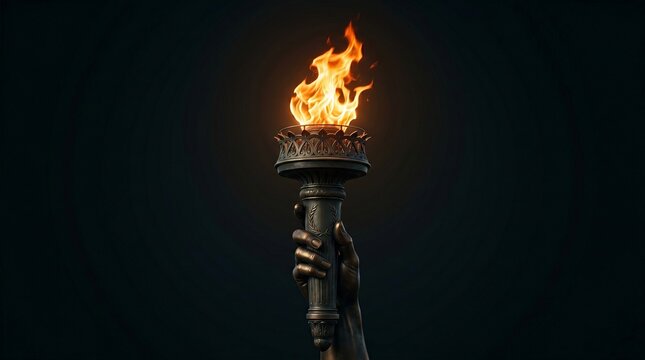 Hand holding a burning torch aloft, symbolizing knowledge, power and enlightenment against a dark background.