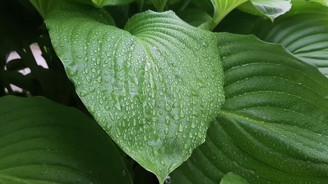 Macro video of water drops on large green hosta leaf after rain. Wet plant foliage texture and natural botanical eco background.