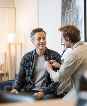 Professional male doctor using stethoscope to check male patient heartbeat at home visit. Friendly medical specialist exam man chest lung function during healthcare consultation on cozy sofa.