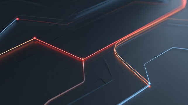 Abstract futuristic circuit board with glowing red and blue data lines on dark background for technology and digital data concept
