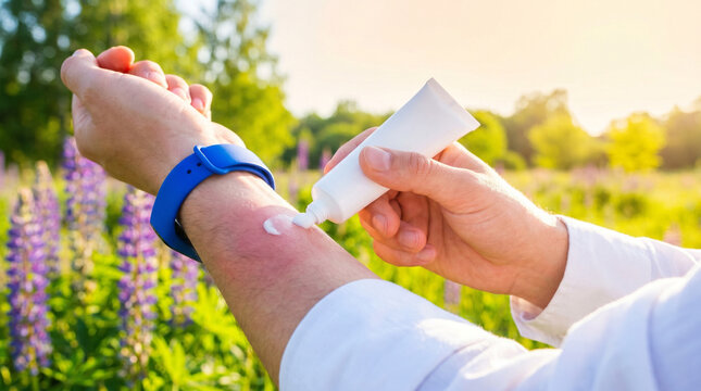 Man applying cream to bee sting swelling on arm in sunny field  