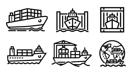 Naklejka premium Set of six container ship icons in a line art style.