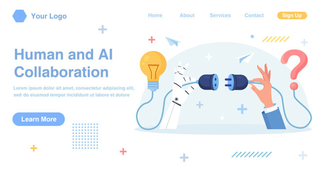 Human and Robot Hands Connecting Huge Plug and Outlet. People Using Artificial Intelligence to Generate Ideas to Help Solve Problems. AI Providing Solutions, Answers. Creative Brainstorming