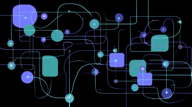 Abstract digital mind map with overlapping shapes and glowing connections representing complex data structure and software architecture